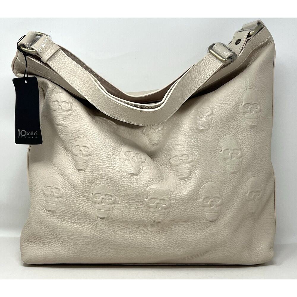 IO PELLE Italia Skull Hobo Shoulder Bag Crossbody Embossed LATTE Leather SLOUCHY